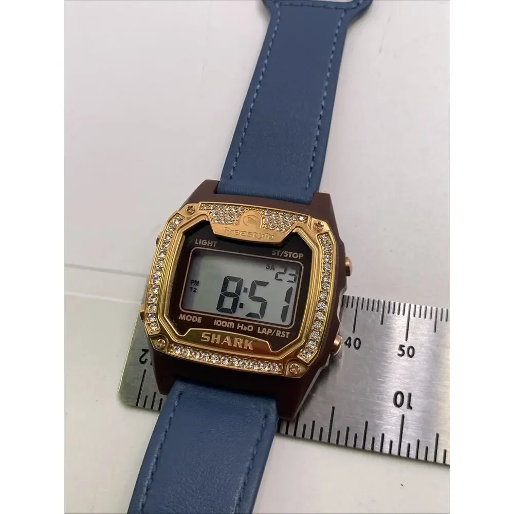 Freestyle Shark Rosegold Rhinestone Blue Leather Band Surfing Watch New Battery